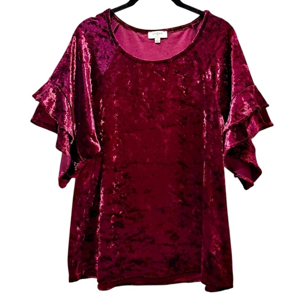 UMGEE‎ Burgundy Red Crushed Velvet Ruffle Sleeve Scoop Neck Top Women's Small
